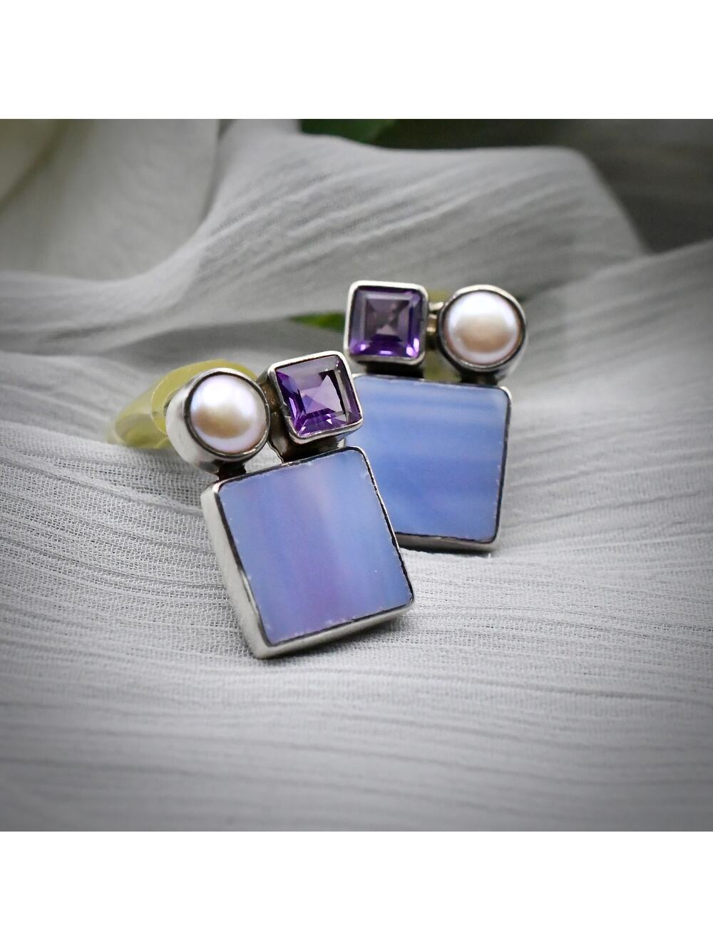 Echo of Dreamer Sterling Silver Amethyst Pearl Lavender Chalcedony Clip Earrings